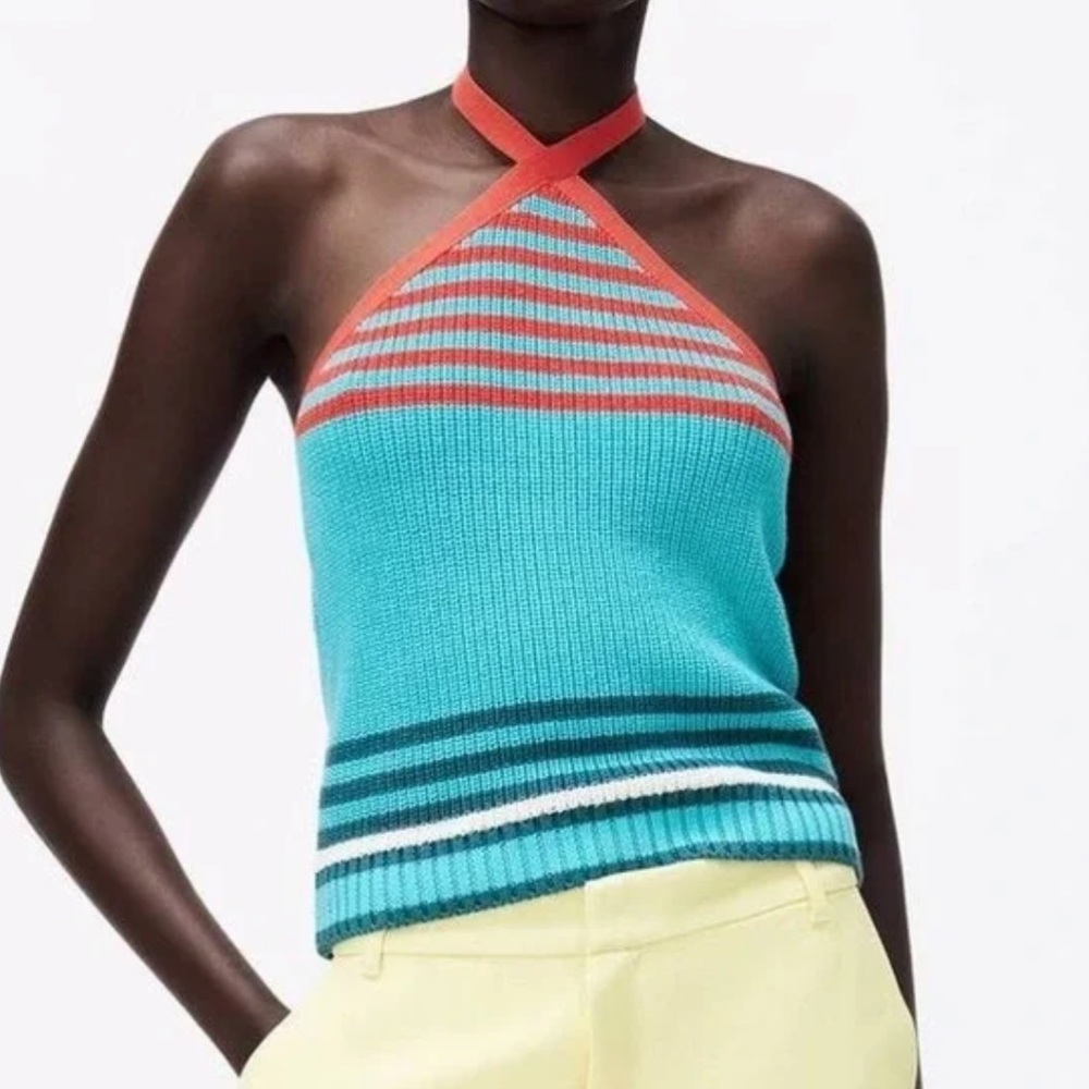 Zara Teal & Orange Striped Knit Halter Top